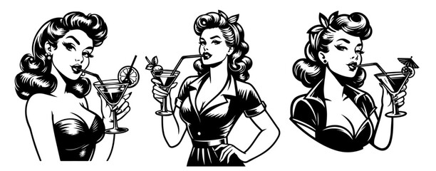 vintage pinup style girl collection with cocktail hand-drawn black vector artwork