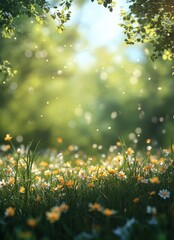 A peaceful meadow with blooming wildflowers illuminated by soft sunlight during springtime