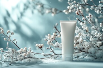 Winter skincare product with frosty branches on a soft blue background for seasonal beauty care