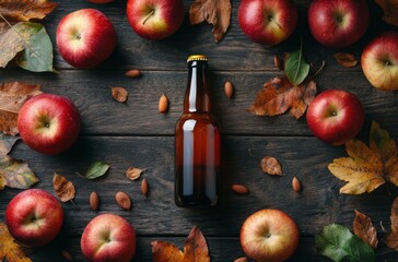 Autumn arrangement of fresh apples and a bottle on rustic wooden table with leaves and nuts