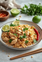 Authentic Thai pad thai served with lime wedges and crushed peanuts on a white plate