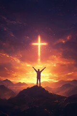 A light glowing Christian cross symbol in the sunrise sky with a silhouette of a man with their arms raised up worshipping God. Mountains. Conceptual Christian art.