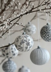 Elegant decorative ornaments hanging from a Christmas tree in a cozy indoor setting