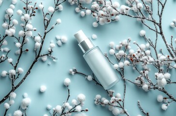 Winter skincare product with frosty branches on a soft blue background for seasonal beauty care