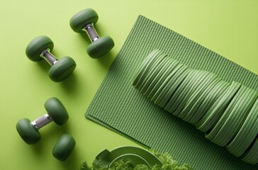 Fitness equipment on a green mat in a home workout setting during the day