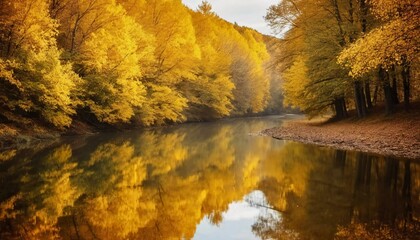 Wall Mural - Vibrant yellow leaves create a stunning autumn display around a calm lake, with reflections mirroring the foliage on the water's surface as the day comes to a close. Generative AI