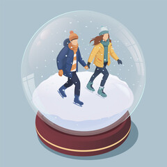 A snow globe featuring two skaters on snow, designed in a colorful style. Background is soft blue. Vector illustration