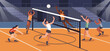 © YummyBuum - Volleyball competitions. Sports teams, professional athletes hit ball through net, players characters, dynamic poses, indoor championship cartoon flat isolated illustration, tidy vector concept