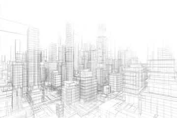 3D architectural building construction with an abstract urban backdrop in line art.