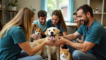 A group of animal shelter volunteers spends time with dogs and a cat, sharing affection and providing care in a warm and welcoming environment.