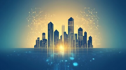 Poster - Futuristic cityscape with glowing digital network lines and reflection on water.