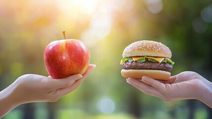 In a sunlit park, two hands hold a healthy apple and a classic burger, highlighting the contrast between nutritious and indulgent dietary choices