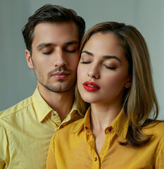 A young Caucasian couple about to kiss on the lips, both with their eyes closed as they press their cheeks together