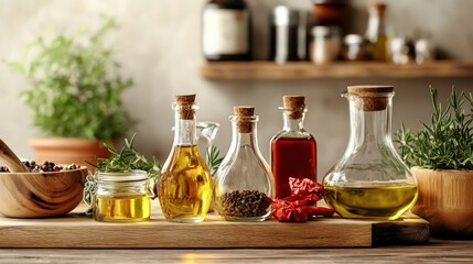 A diverse set cooking oils and sauces displayed for culinary use, highlighting kitchen essentials.