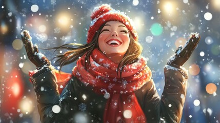 Wall Mural - A joyful girl embracing the holiday spirit amidst fun and playful snow activities