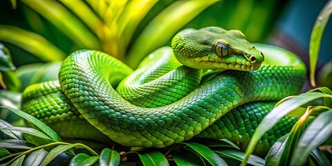 Wall Mural - Lush Green Bean Snake Coiled Amongst Vibrant Leaves in a Tropical Environment Capturing Nature's Beauty