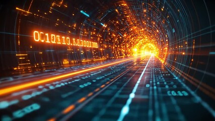 Poster - A glowing digital tunnel with vibrant lights and data streams flowing rapidly through it