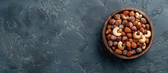 Assortment of Nuts in Bamboo Bowl on Slate Background