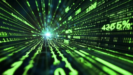 Poster - A dynamic visualization of data streams flowing through a digital tunnel in neon green colors