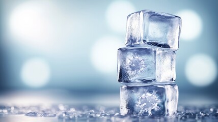 Poster - Stack of ice cubes creating a refreshing centerpiece on a table with a blurred background