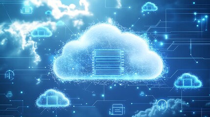 Poster - Abstract cloud computing concept with digital data and server icons.