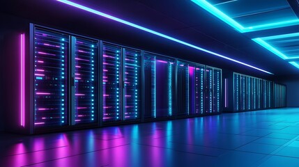 Poster - A row of server racks illuminated by colorful neon lights in a futuristic data center.