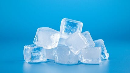 Canvas Print - Clear ice cubes stacked against a blue background, perfect for refreshing drinks and summer cocktails