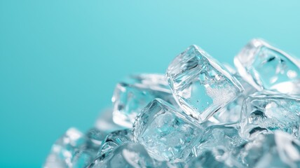 Canvas Print - Clear ice cubes piled on a turquoise background, reflecting light in an appealing display of freshness