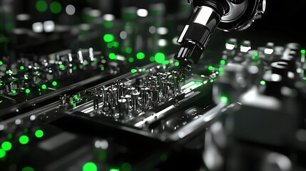 Leinwandbilder - A robotic arm with a shiny metallic finish is seen carefully working on a circuit board with green lights