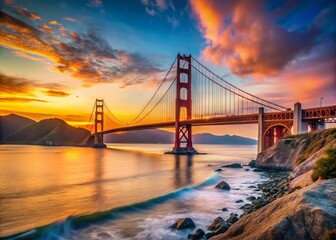 Wall Mural - Majestic Golden Gate Bridge at Sunset with Vibrant Sky and Calm Waters in San Francisco Bay Area