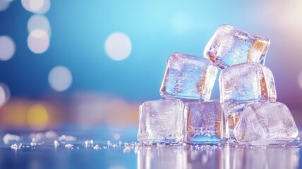 Poster - Glassy ice cubes stacked on a reflective surface shimmering under colorful ambient light