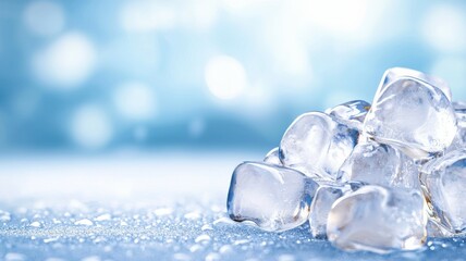 Canvas Print - Clear ice cubes glisten on a reflective surface with blue backdrop in a serene indoor environment