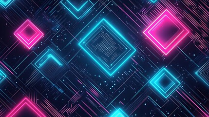 Poster - Abstract digital background with glowing neon squares on a circuit board pattern.