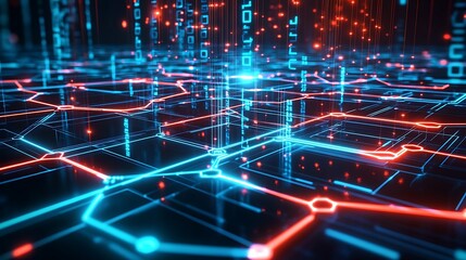 Poster - Abstract digital network with glowing lines and data streams in blue and red on dark background.
