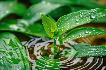 Poster - Green leaves with water droplets. AI.