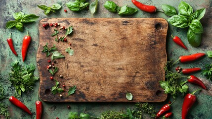 Rustic wooden cutting board surrounded by red chili peppers and fresh herbs.