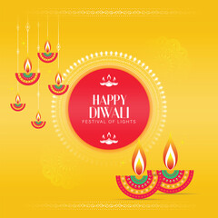 Wall Mural - Happy Diwali - festival of lights colorful poster template design with decorative diya lamp.