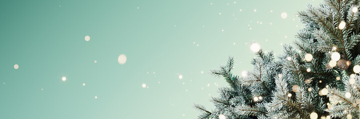 Wall Mural - christmas banner design. pine tree on teal background with copy space. 3d rendering, 3d illustration