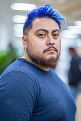 Poster - A man with blue hair and a beard looks intensely at the camera. AI.