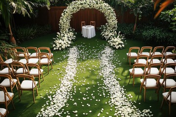 Beautiful outdoor wedding ceremony with floral arch and white decor