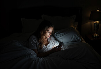 a woman using social media on her phone before sleep, her face lit by the phone's light in a dark be