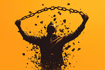 A powerful silhouette of a person breaking chains against an orange background, symbolizing freedom and liberation.