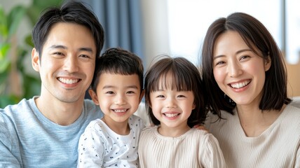 Cheerful family of four smiles together in a cozy living room during a sunny afternoon at home