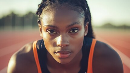 Athlete in a track uniform, focused and ready to race, showcasing determination and athleticism.