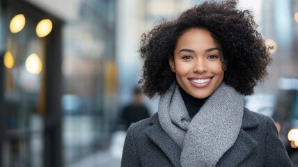 Wall Mural - A woman with curly hair is smiling and wearing a gray scarf