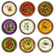© Dariya - Set of Colorful Mediterranean Dips and Sauces in Bowls - Hummus, Tzatziki, Muhammara, Tomato Pesto, Baba Ganoush, Skordalia, Labneh, Tapenade