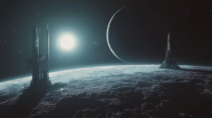 A space scene with two large buildings and a moon