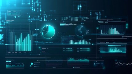 Aufkleber - Futuristic digital dashboard with various charts, graphs, and data visualizations on a blue background.