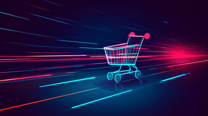 Poster - A vibrant minimalistic outline logo featuring a shopping cart in neon colors against a futuristic backdrop