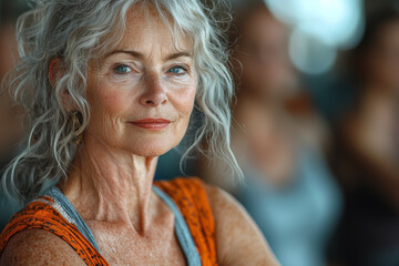 An elderly woman attending a fitness class, focusing on strength and flexibility. Concept of active aging.